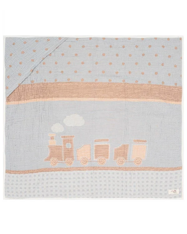 Choo-Choo Train Gauze Hooded Blanket Single