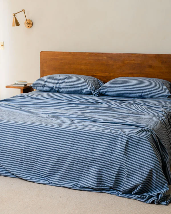 Classic Micro Twill Stripe Melange Flat Top Sheet Indigo - Image 2